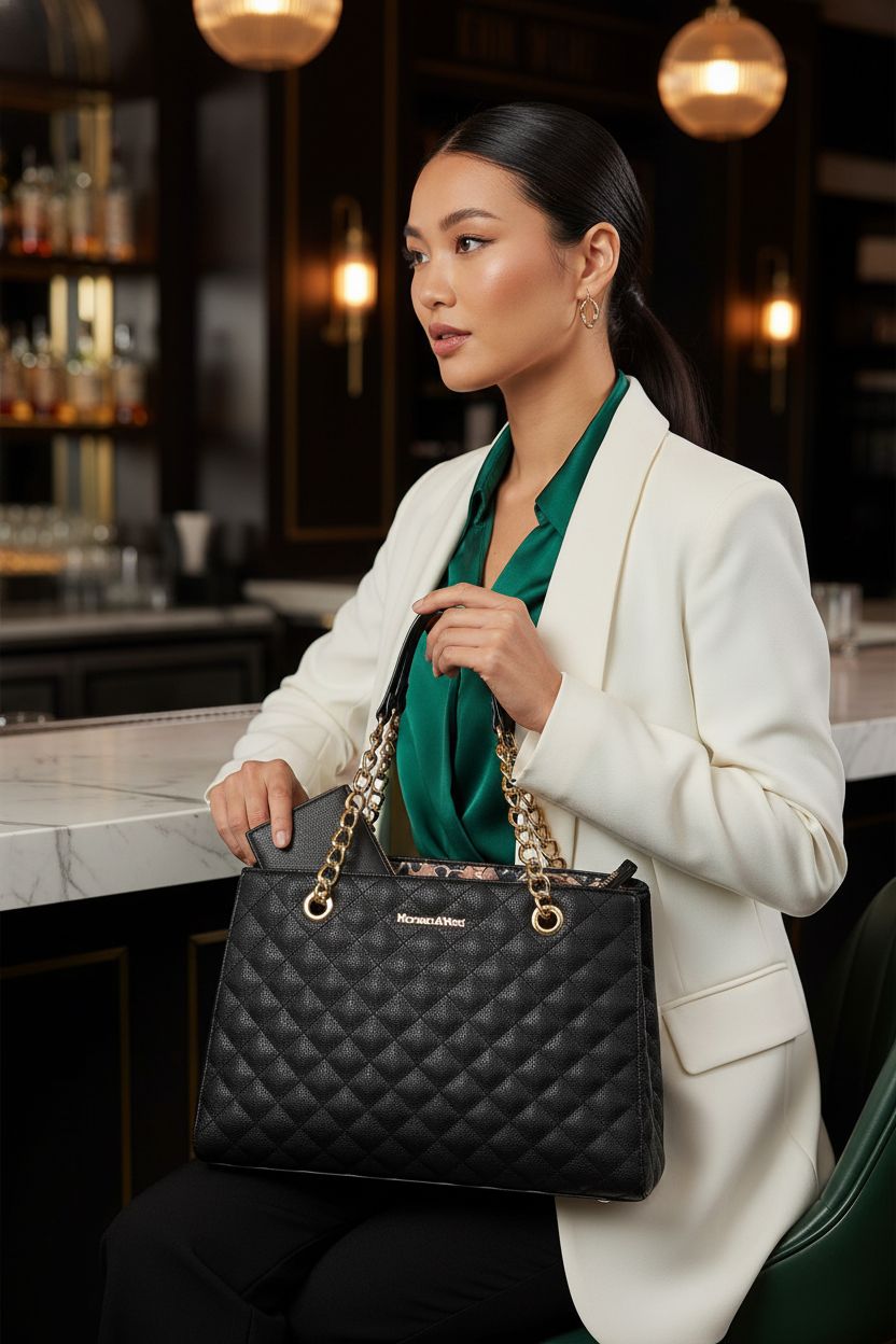 Montana West black quilted tote bag elegantly displayed at a cocktail lounge bar.