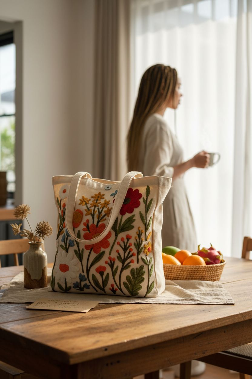 Miss Adola embroidered tote bag on a sunlit dining table, evoking a cozy morning vibe.