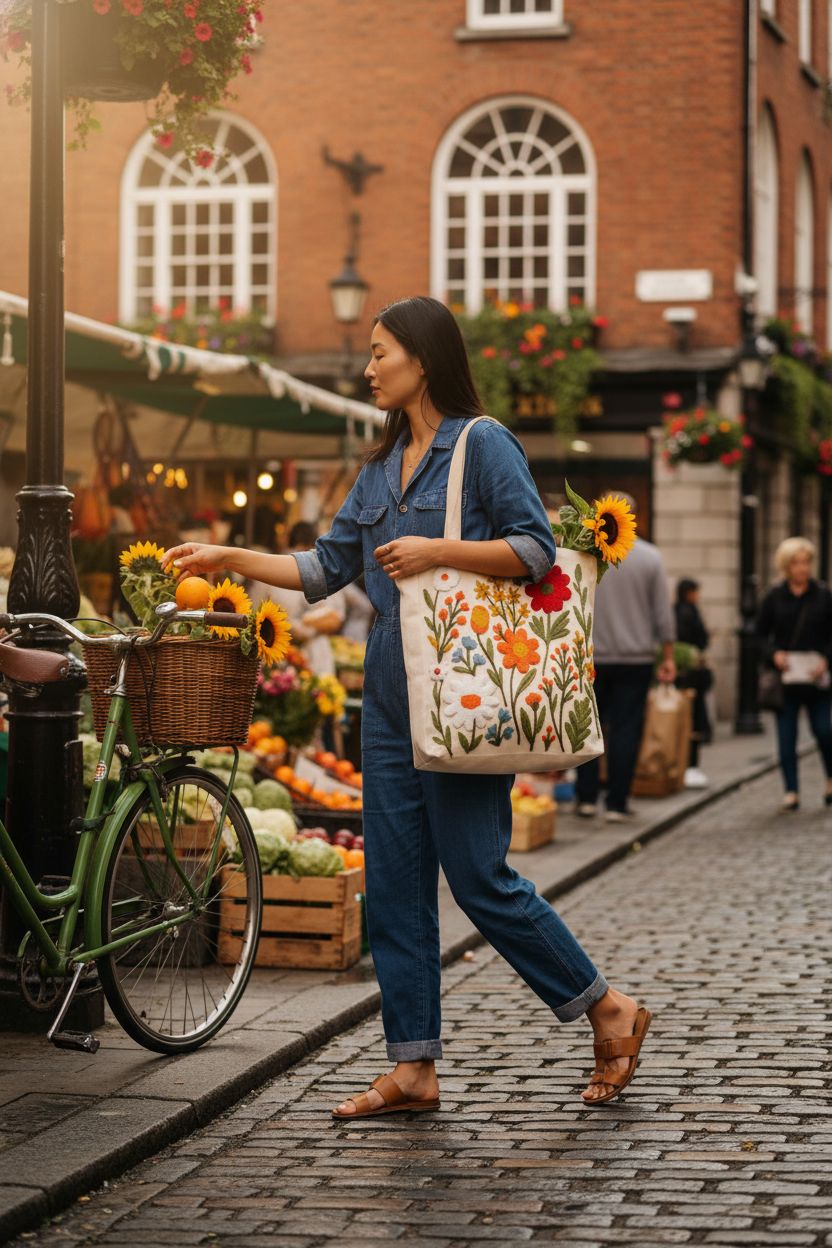 Miss Adola embroidered canvas tote bag displayed at a flower market, showcasing its floral design.