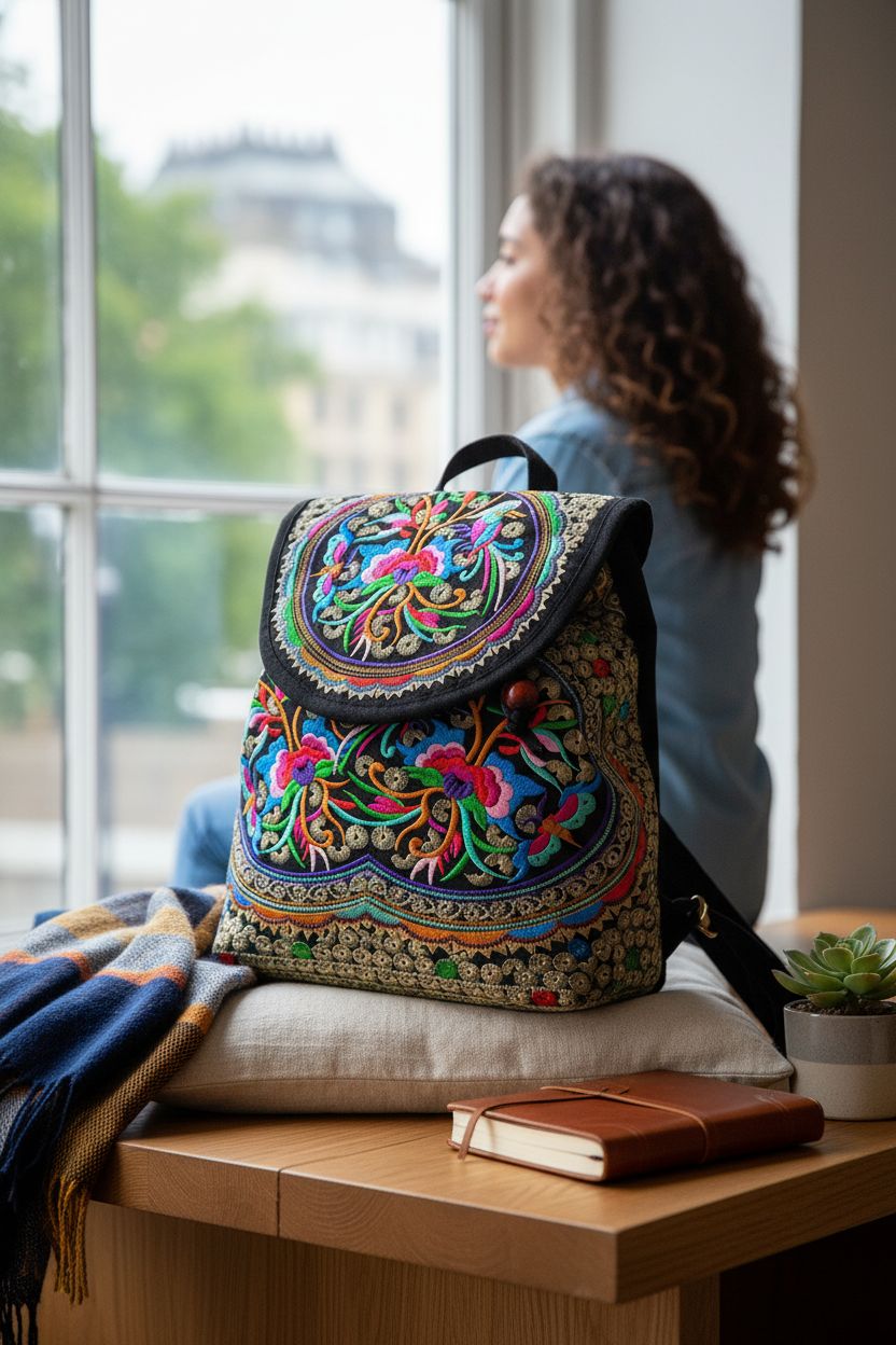 Goodhan Vintage embroidered backpack resting on a cozy bench in a travel nook, surrounded by a journal and plant.