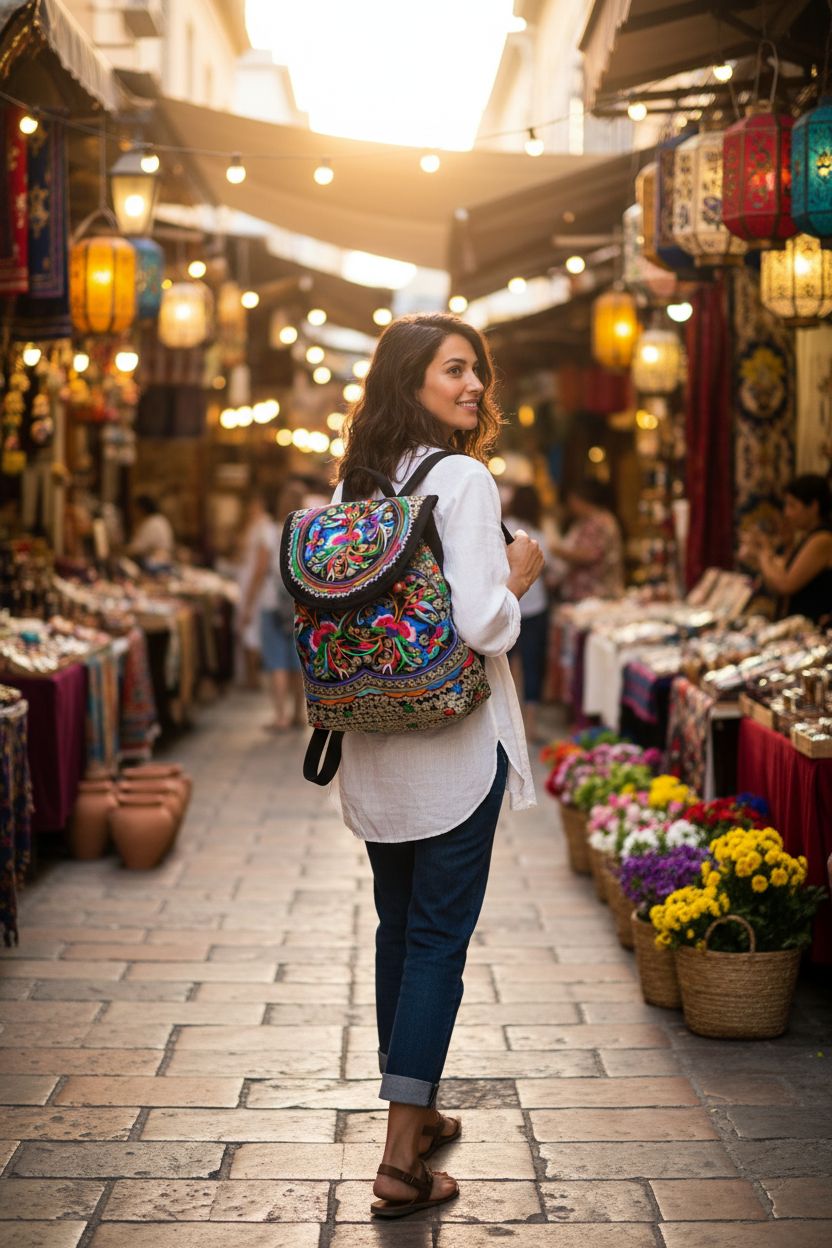 Goodhan Vintage embroidered backpack in vibrant colors, perfect for market strolls and travel adventures.