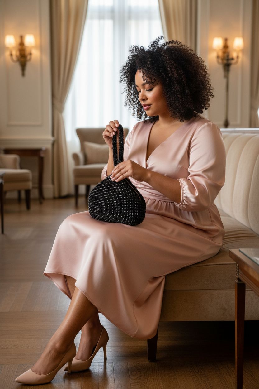 BABEYOND black beaded clutch with lipstick in a chic reception lounge