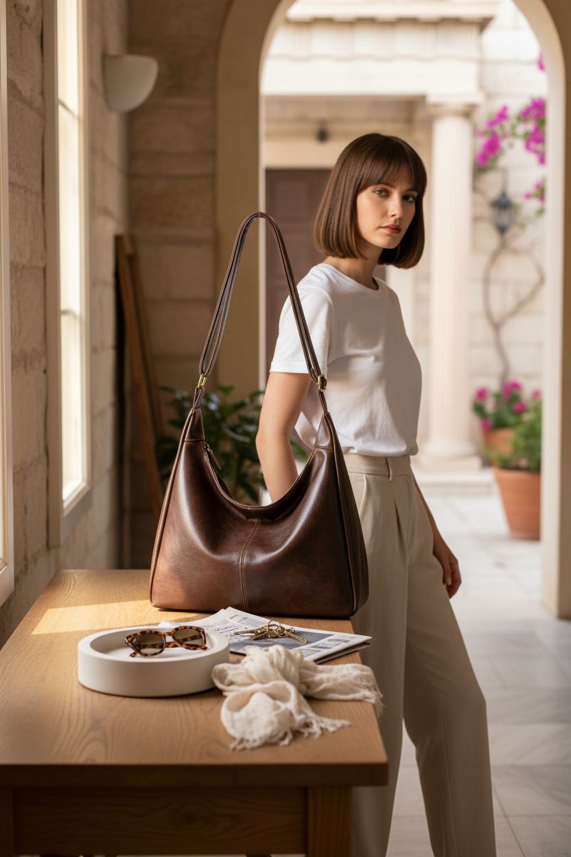 AnBlack coffee-brown hobo bag resting on an oak console, surrounded by everyday essentials in soft morning light.