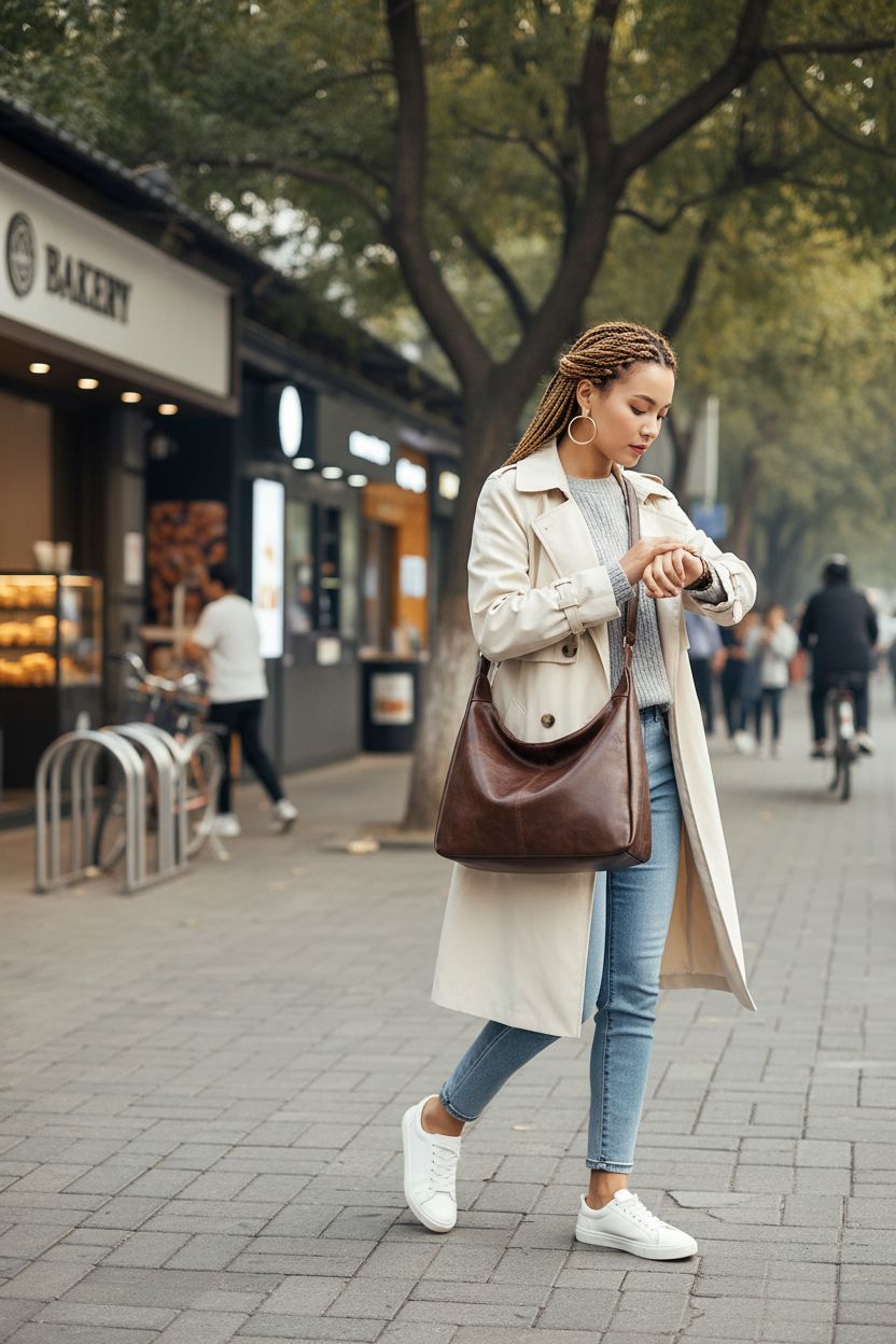 AnBlack leather slouchy hobo bag in coffee brown, perfect for daily commutes along tree-lined sidewalks.
