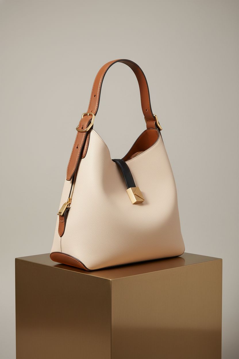 Close-up of Kate Spade New York Deco Pebbled Leather Crossbody Tote in Milk Glass Multi on brass cube