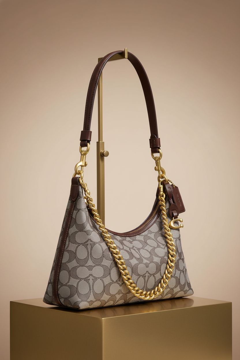 Close-up of Coach Juliet Shoulder Bag 25, highlighting jacquard texture and gold hardware on a clean studio backdrop.