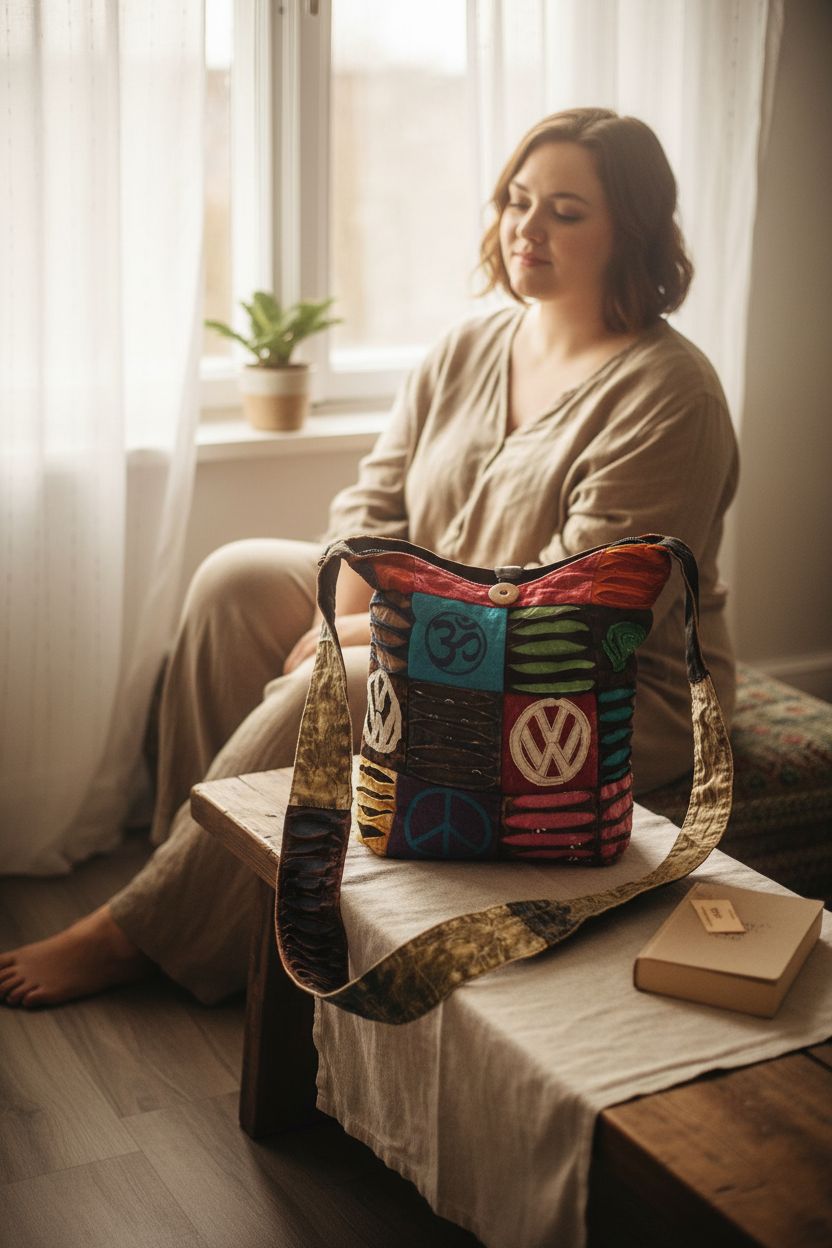 Tribe Azure fair trade hobo bag resting in a cozy boho reading nook