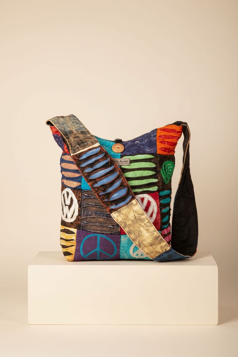 Tribe Azure fair trade boho hobo bag highlighting patchwork and stitching