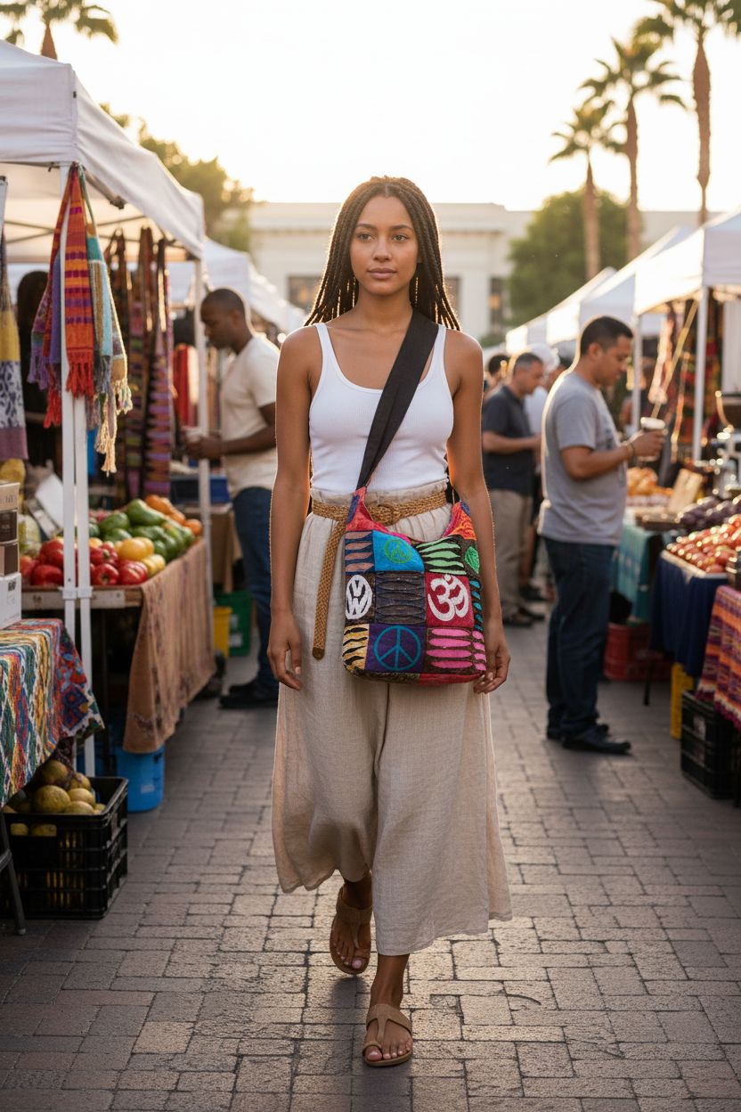 Colorful Tribe Azure fair trade hobo shoulder bag in artisan market setting