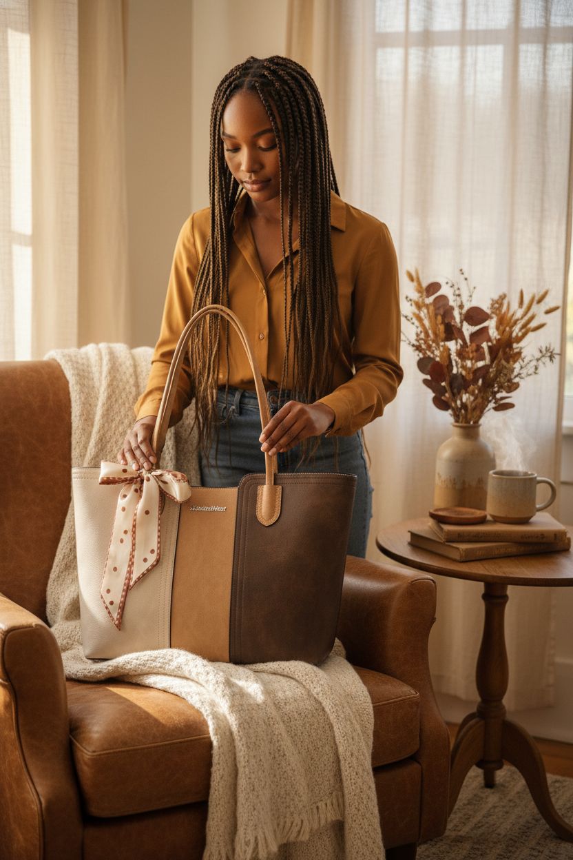 Montana West tote on a cozy wool throw with autumn decor in a warm living room setting.