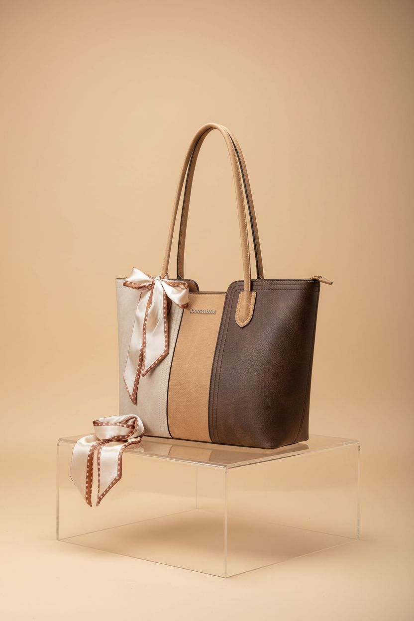 Montana West medium top handle tote bag displayed with silk scarf on a clean surface, showcasing its design.