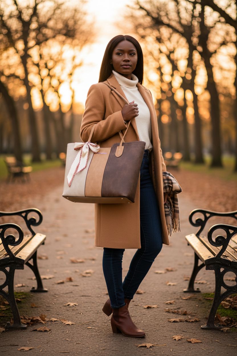 Montana West cream and tan handbag against a backdrop of golden autumn leaves in a park.