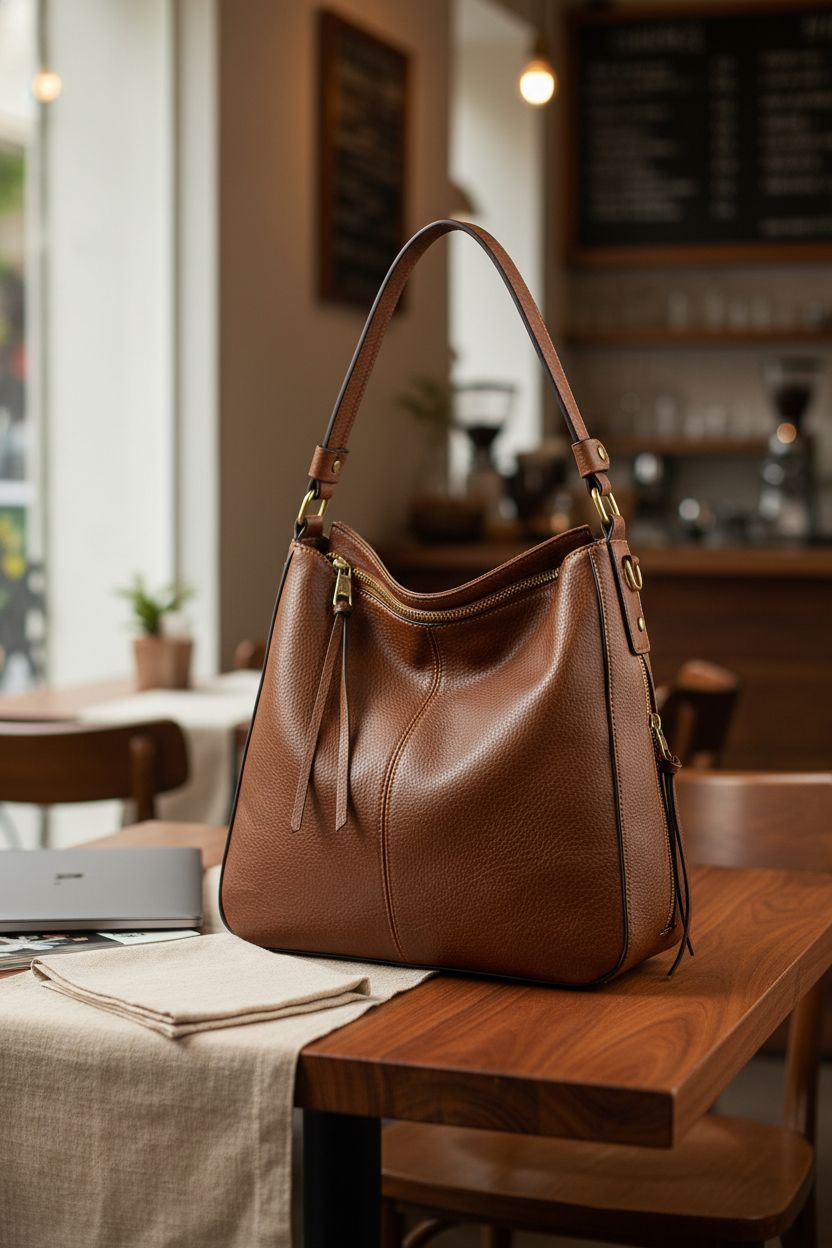 Realer faux leather bag beside coffee and laptop, showcasing its spacious design and style.