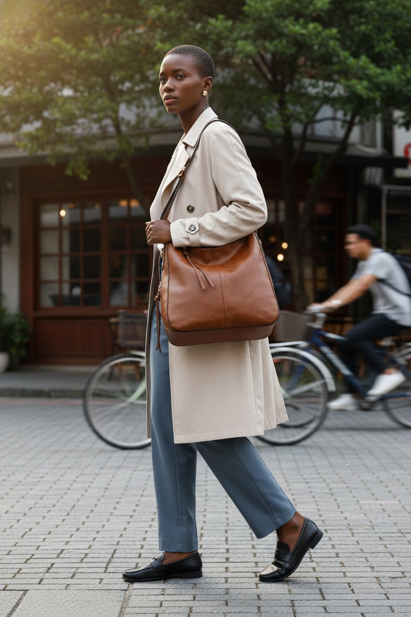 Realer brown faux leather bag in motion, stylishly enhancing any casual outing.