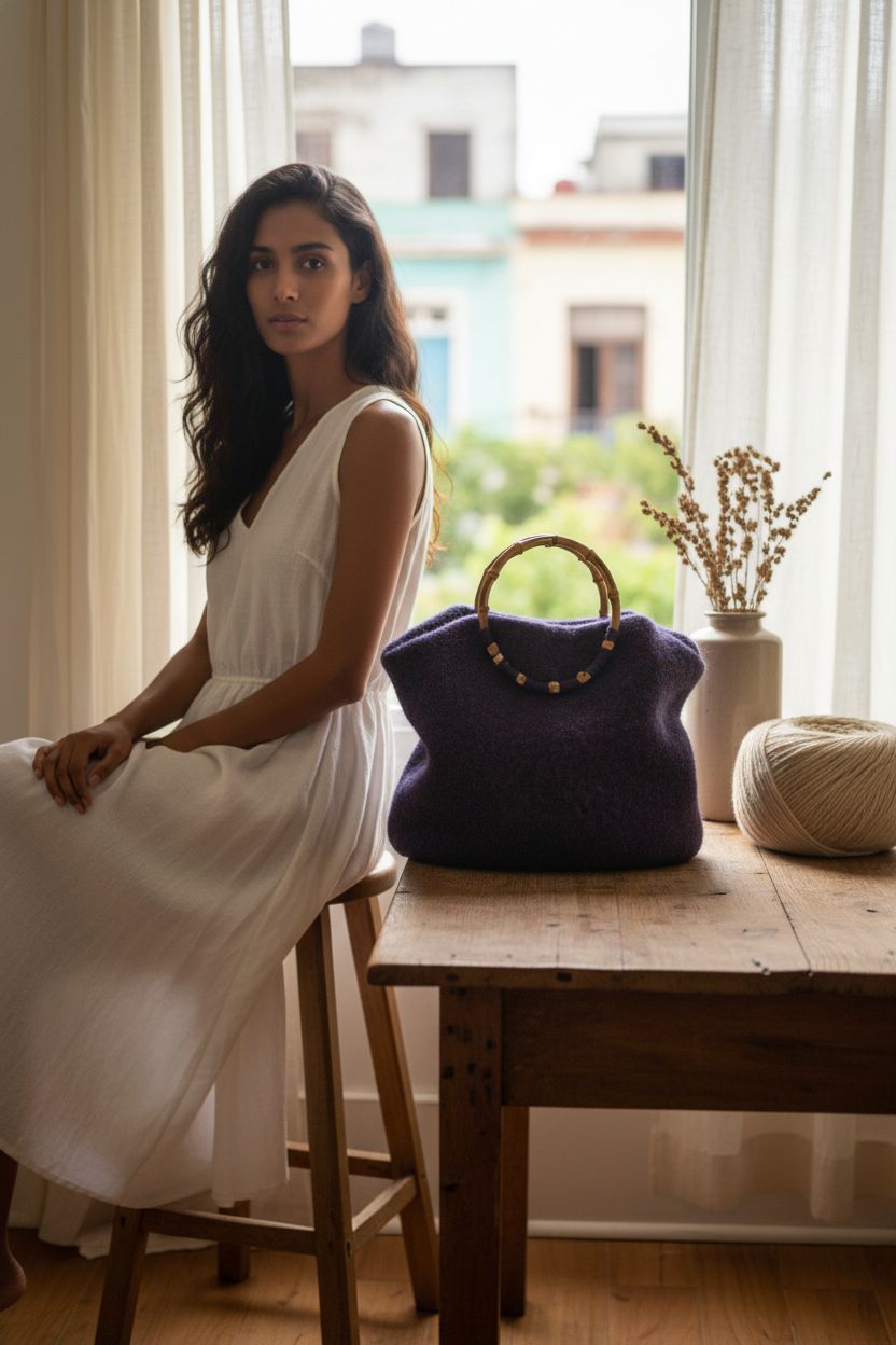 Deep purple felted bag on an oak table beside dried stems in a cozy home, GMC Publications