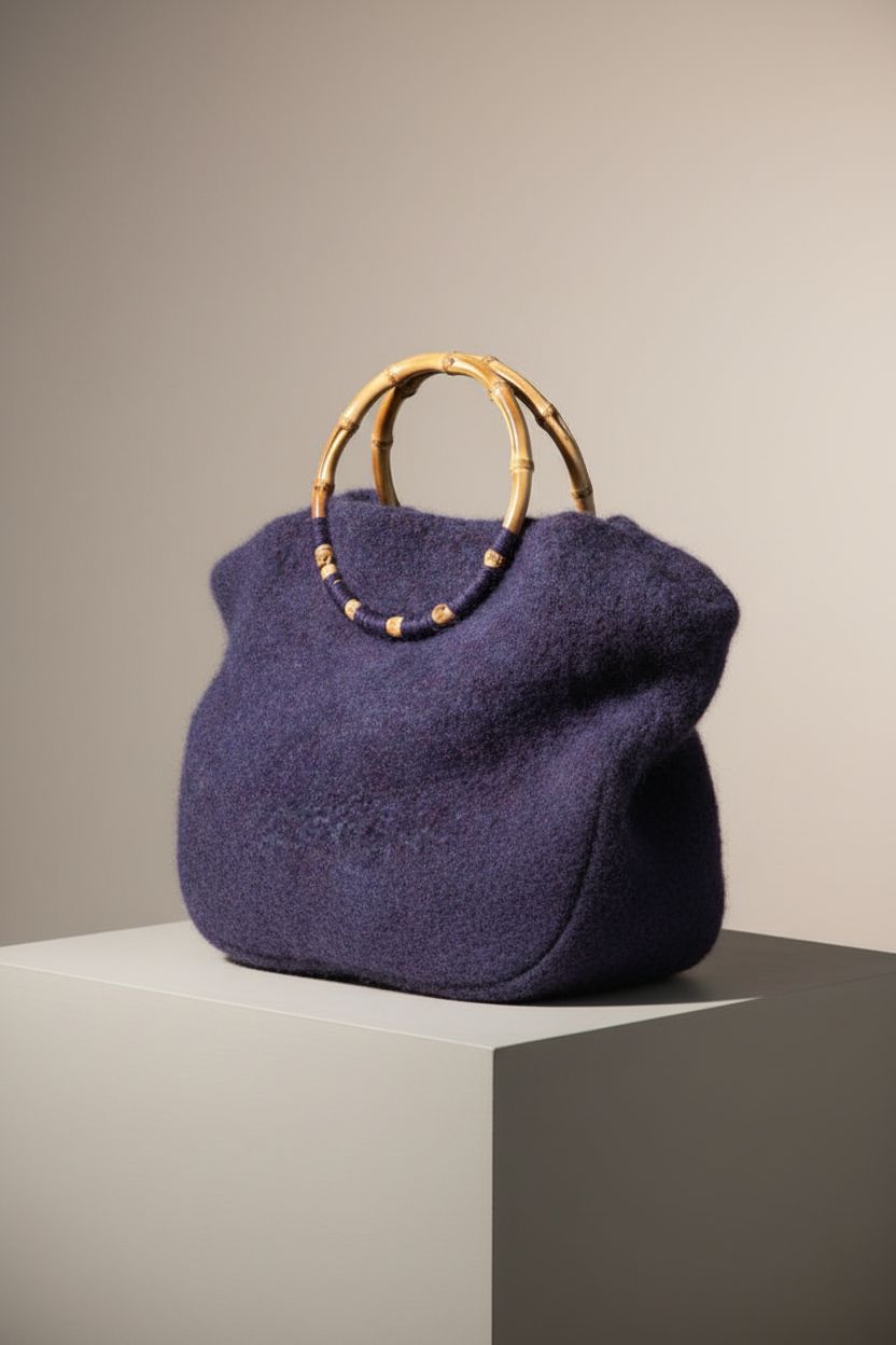 Curved felted bag with bamboo rings showcased in a studio setting, GMC Publications