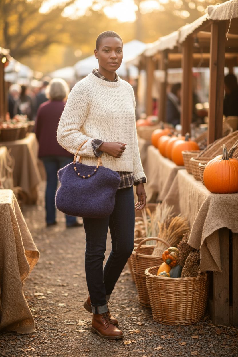 Deep heathered purple felted bag with bamboo ring handles at a farmers' market, GMC Publications