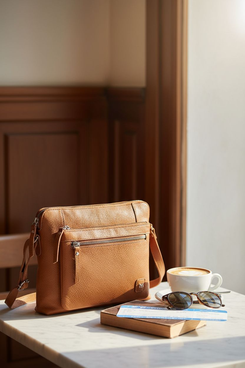 Cognac leather crossbody bag by Wise Owl Accessories on a café table with a cappuccino.