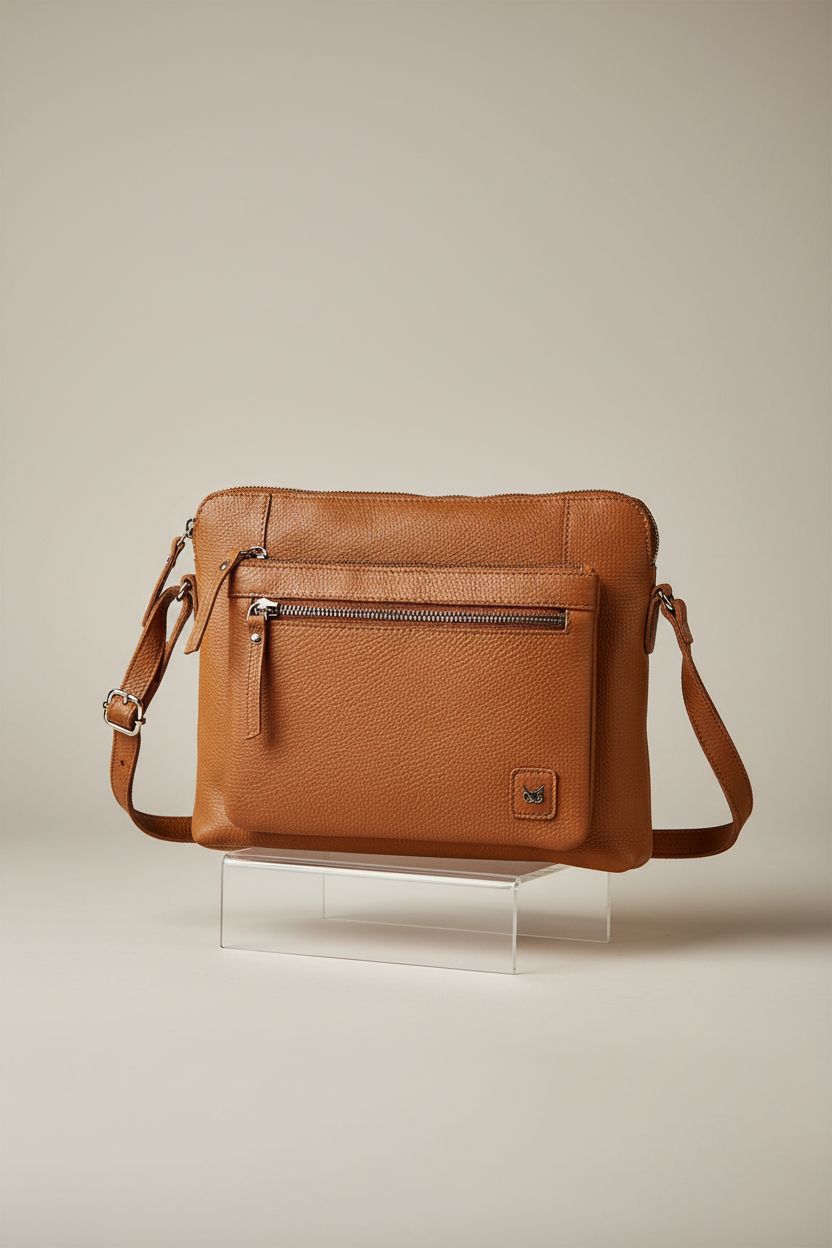 Premium cognac leather crossbody handbag by Wise Owl Accessories on a clear riser.