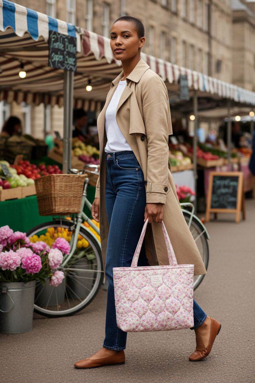 Sunwel Fashion floral quilted tote bag in a vibrant spring market setting