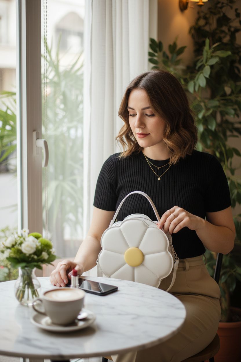 EINCORN flower purse on a marble table with latte and lipstick, showcasing stylish crossbody design.