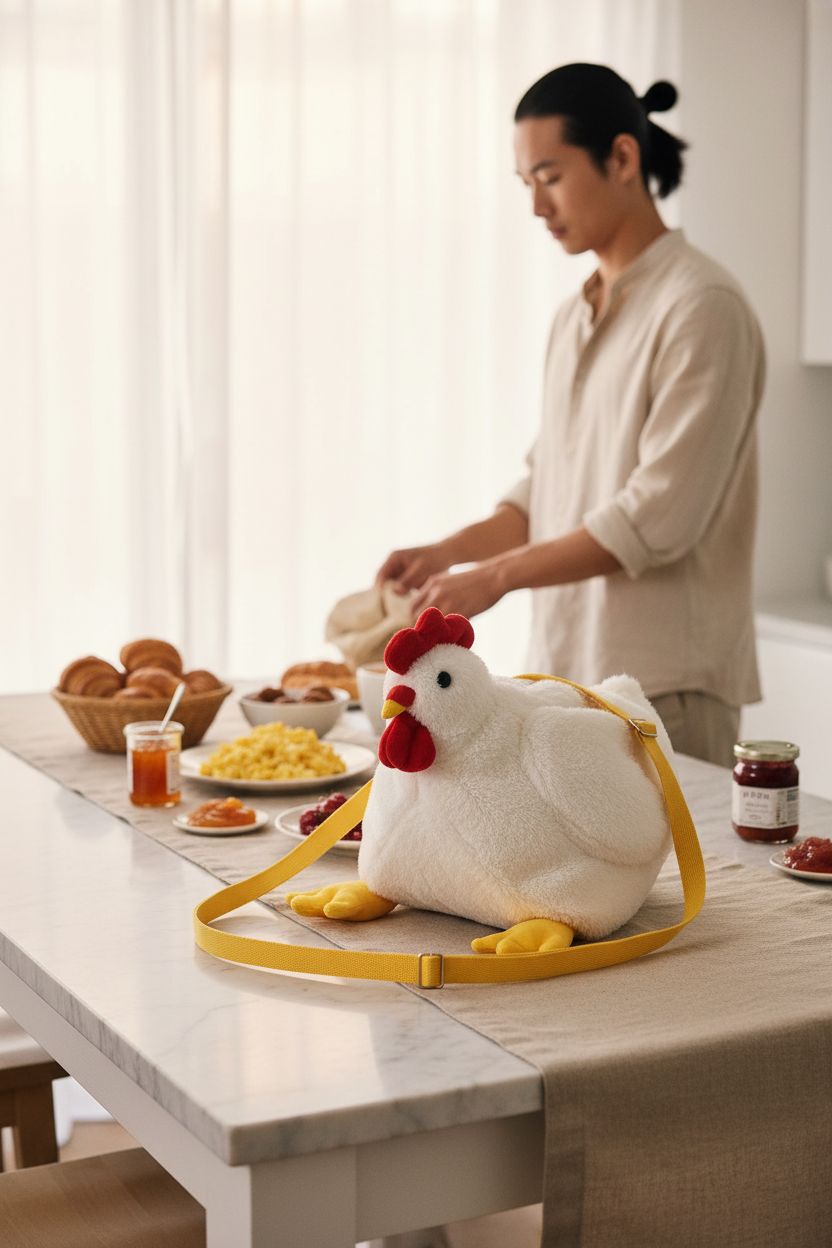 Saintrygo Chicken Hen Purse beside brunch items on a marble table, perfect for cozy gatherings.