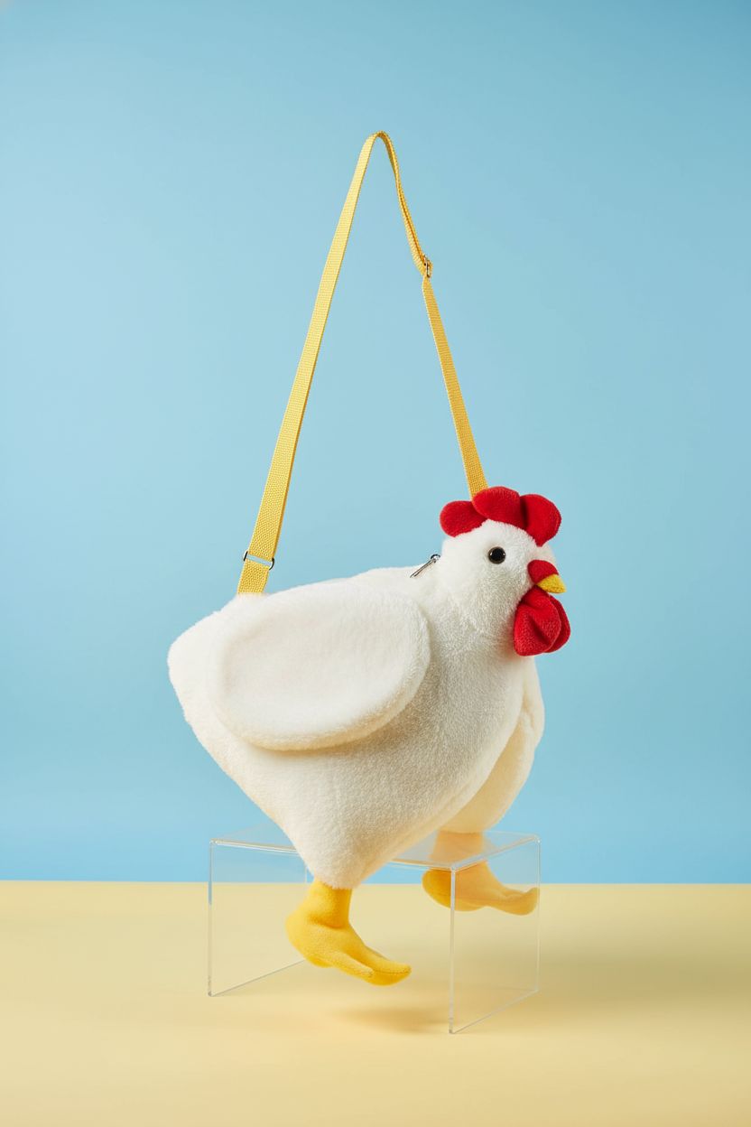 Saintrygo Chicken Hen Purse on a blue backdrop, showcasing its plush texture and cute design.