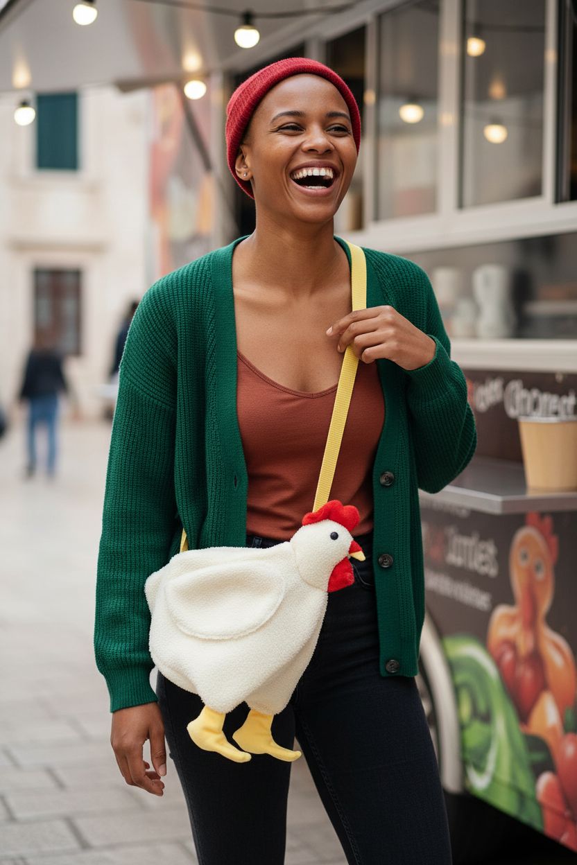 Saintrygo Chicken Hen Purse Bag in a vibrant food truck setting, showcasing its fluffy design.