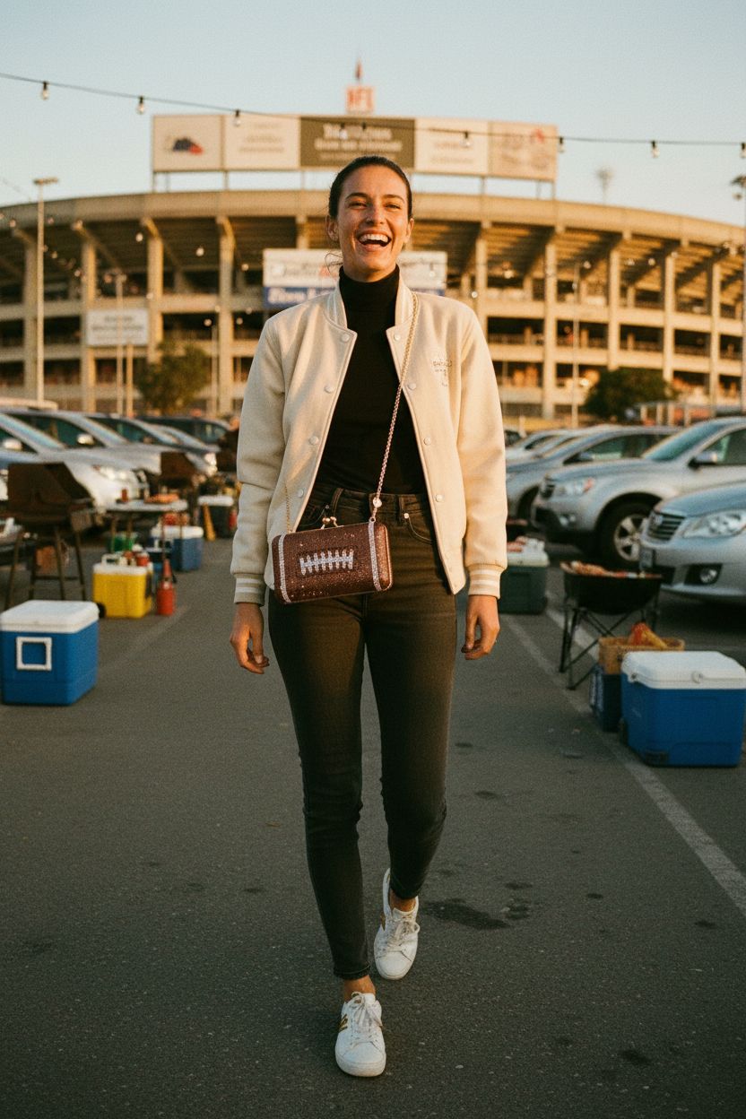 Dansydaisy football purse in a stylish setting, featuring sparkly rhinestones and a crossbody chain.