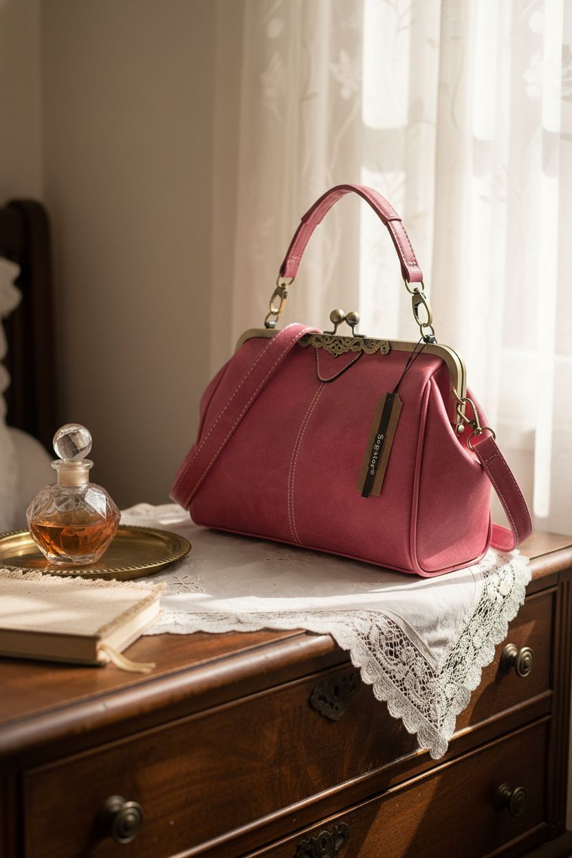 Segater frosted leather handbag beautifully displayed on a vintage dresser with soft lighting.