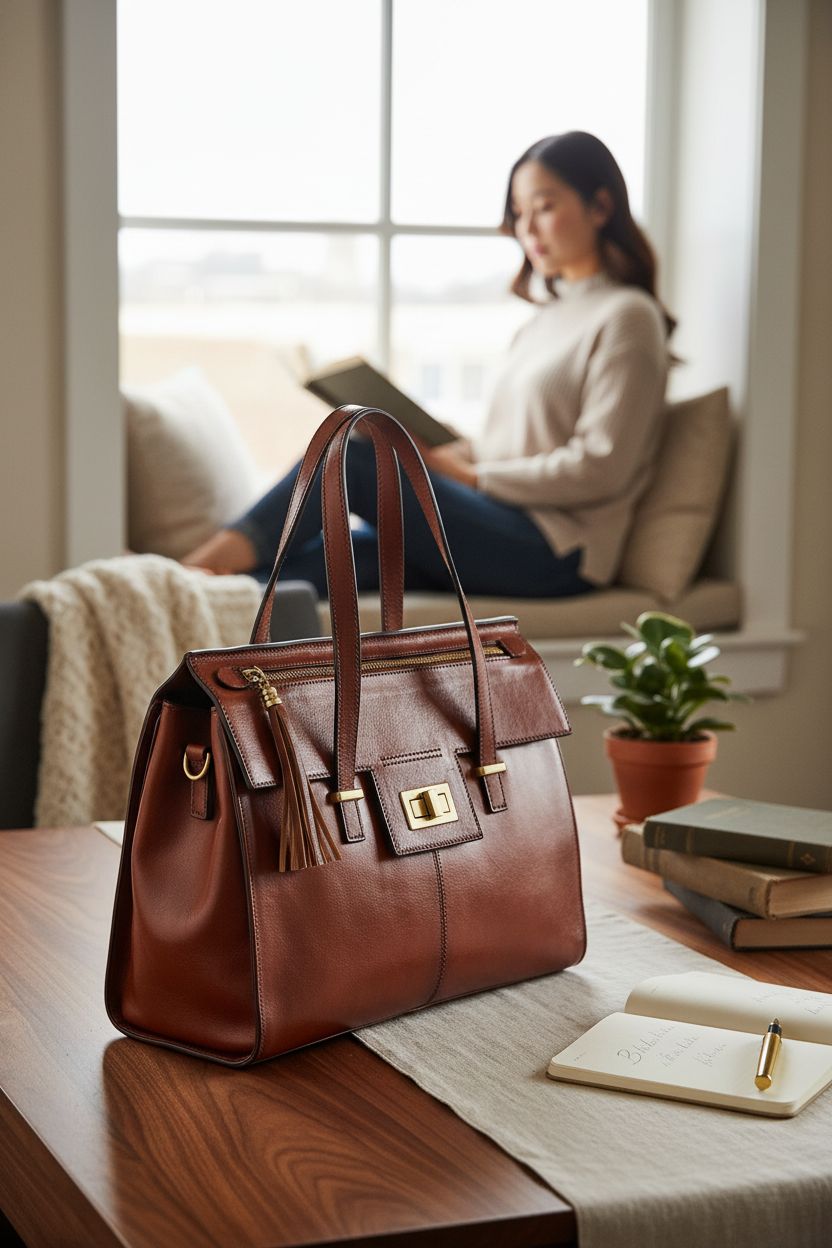 Banuce leather purse on a walnut desk surrounded by cozy study essentials
