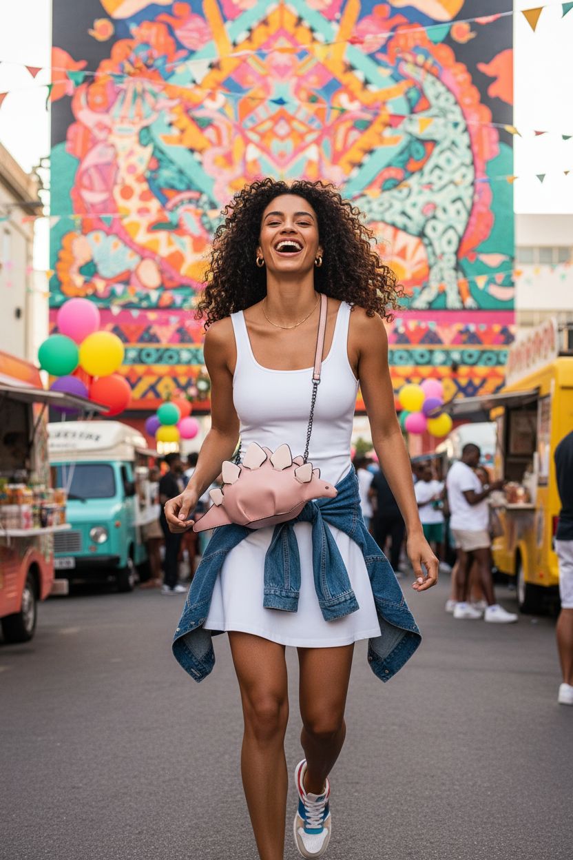 Ondeam pink stegosaurus crossbody bag at a vibrant street festival, showcasing fun style and PU material.