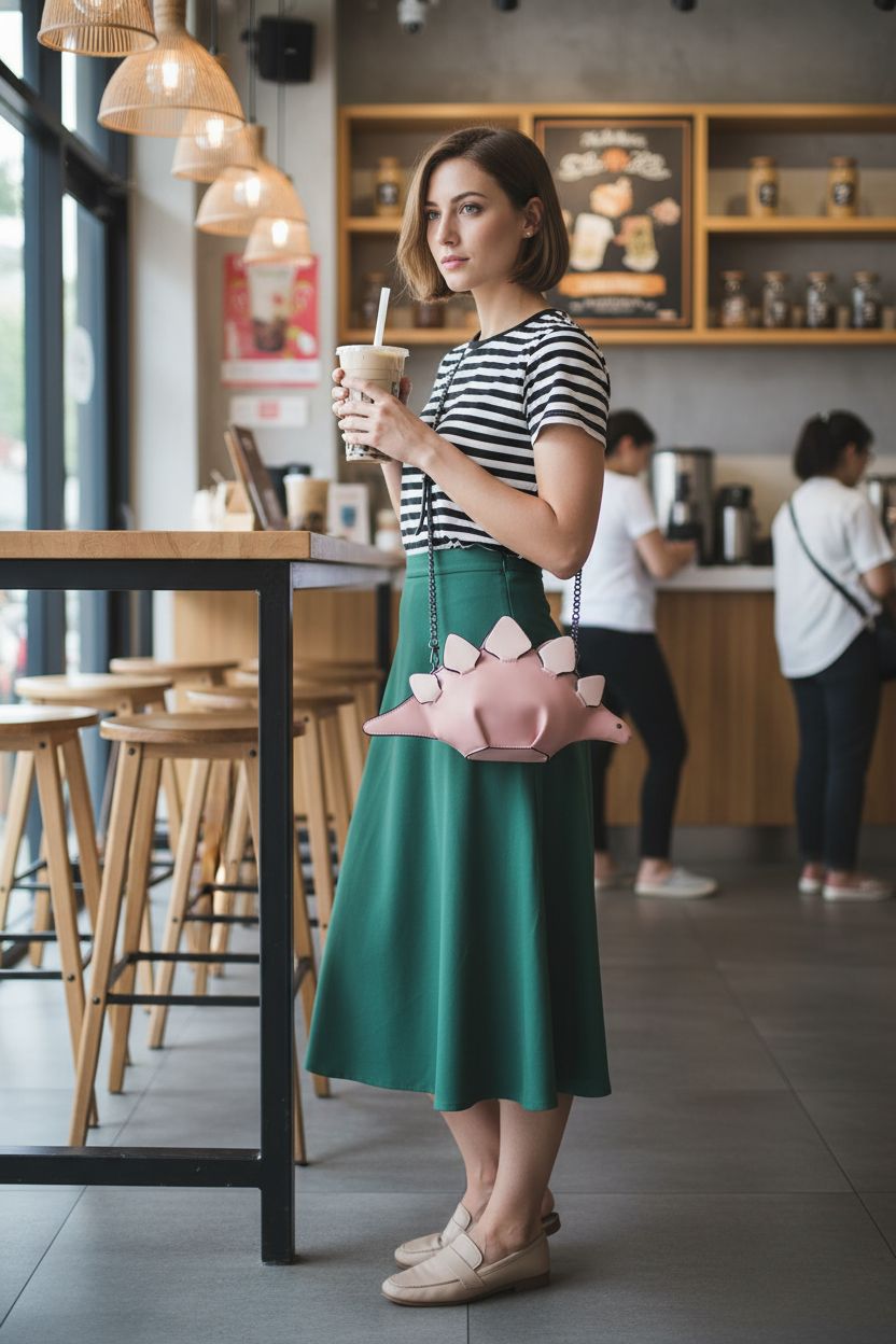 Ondeam playful stegosaurus shoulder purse at a trendy bubble-tea café, highlighting its chic design and versatility.