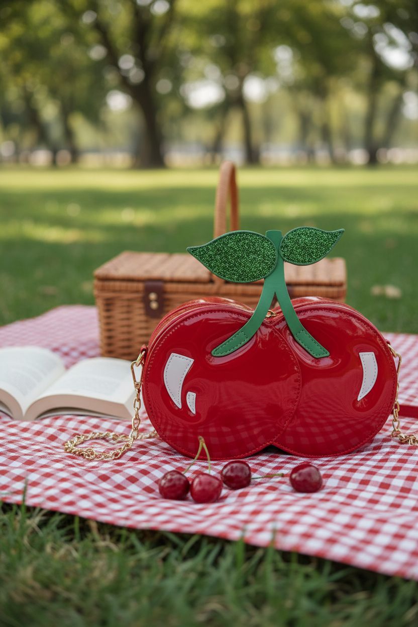 ENJOININ cherry bag displayed at a sunny picnic, surrounded by cherries and a gingham blanket.