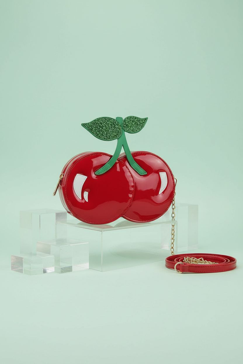 ENJOININ red cherry bag placed on a mint backdrop, showcasing its glossy patent finish.