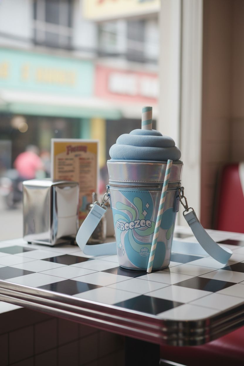 Freezee Plush Novelty 3D Crossbody Bag by Bioworld on a retro diner table, showcasing its playful design.
