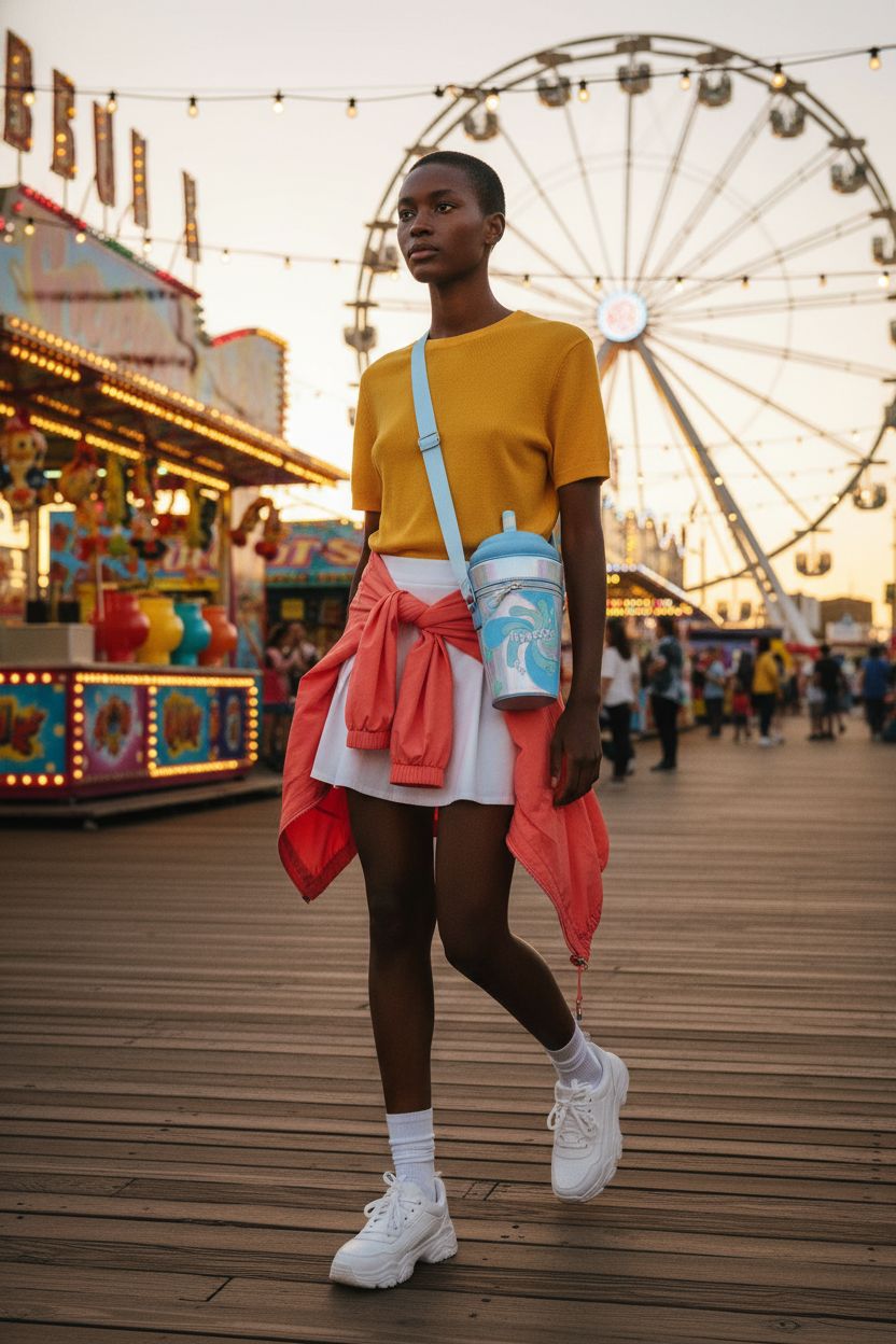 Vibrant Freezee Plush Novelty 3D Crossbody Bag by Bioworld worn at an amusement park, perfect for fun outings.