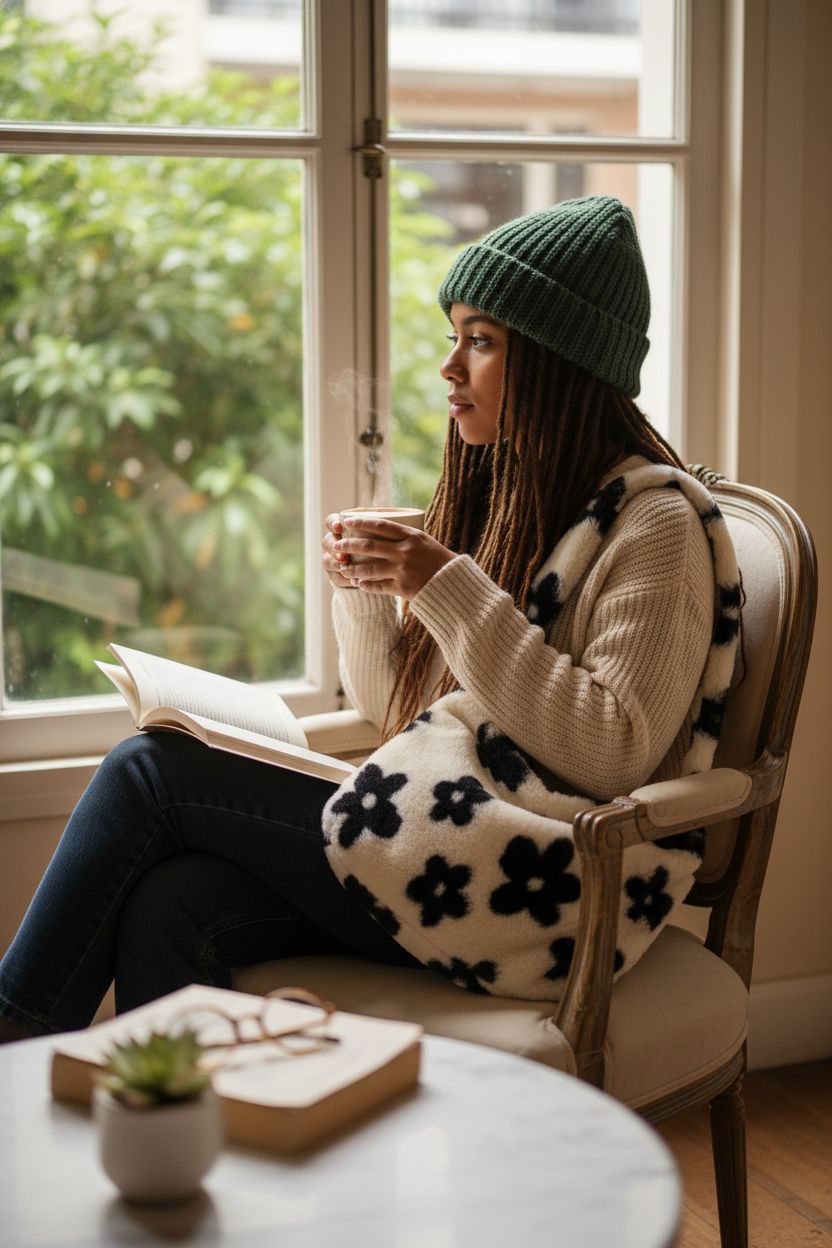 YFGBCX ivory plush bag resting on a vintage chair in a cozy café, emphasizing its stylish design.