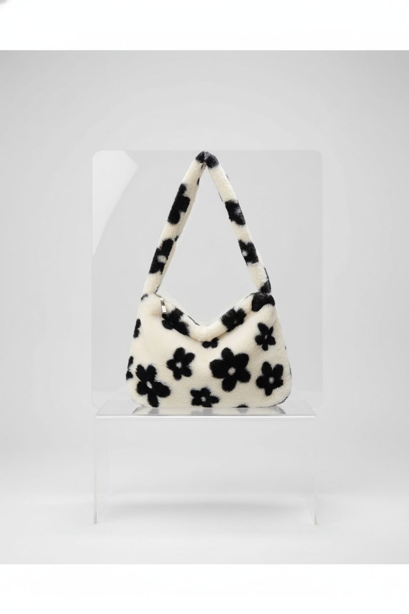 YFGBCX fluffy tote bag centered on an acrylic plinth, highlighting its plush texture and floral detail.