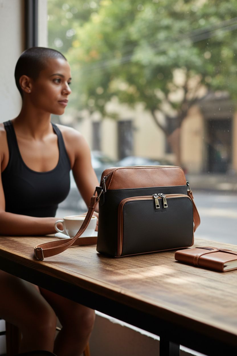 MASINTOR crossbody purse next to a latte in a cozy café setting, highlighting its chic design.