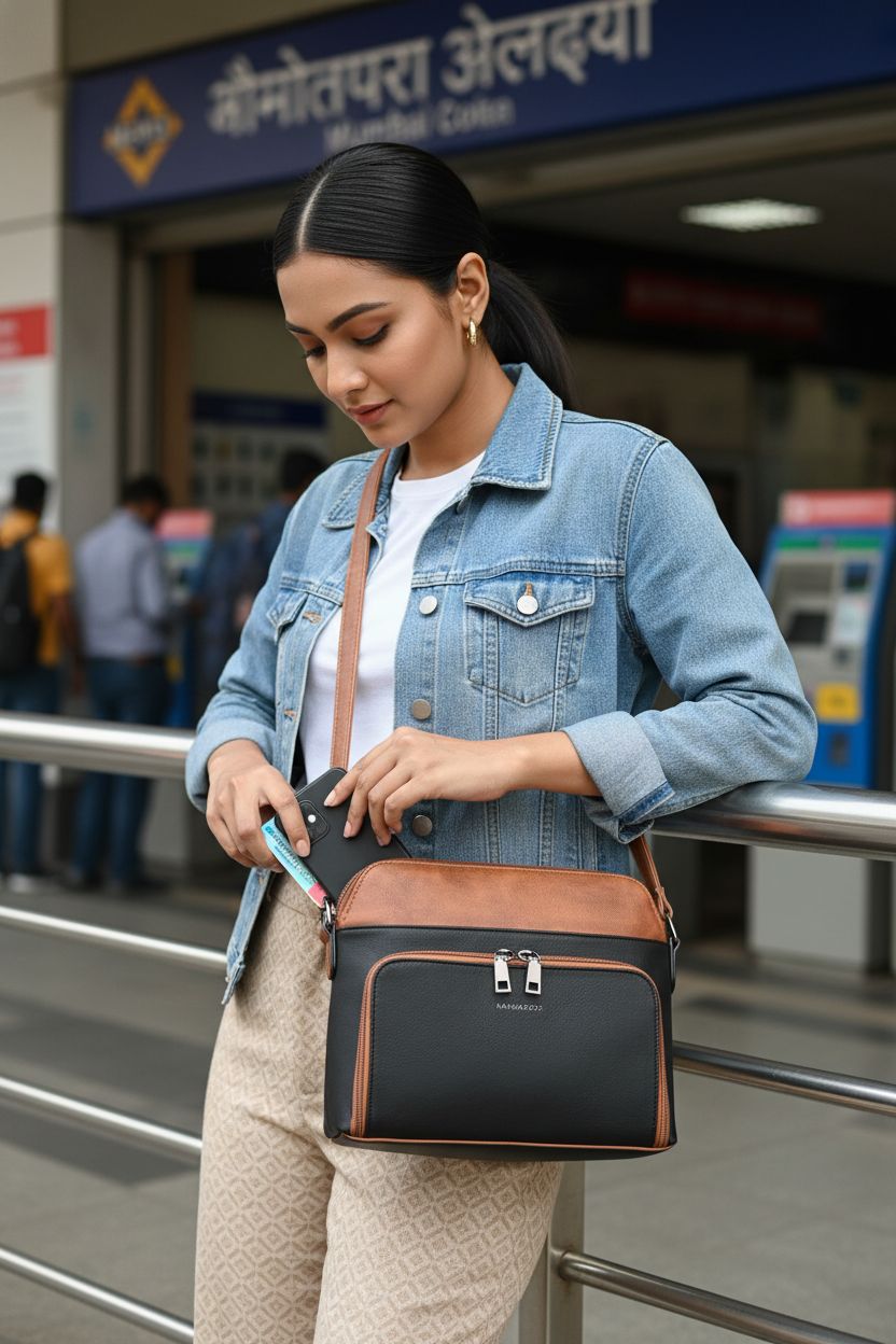 MASINTOR leather crossbody purse being used at a metro entrance, showcasing functionality and style.
