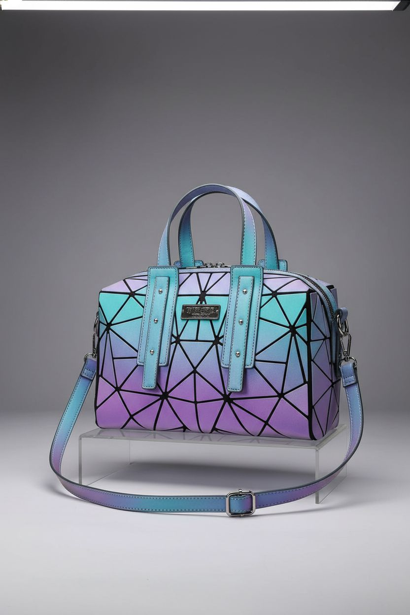 LOVEVOOK Geometric Crossbody Bag displayed elegantly on acrylic riser, showcasing its reflective panels.