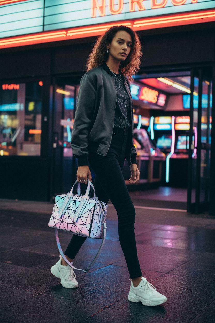 LOVEVOOK Holographic Crossbody Bag shines in neon arcade setting, highlighting its geometric design.