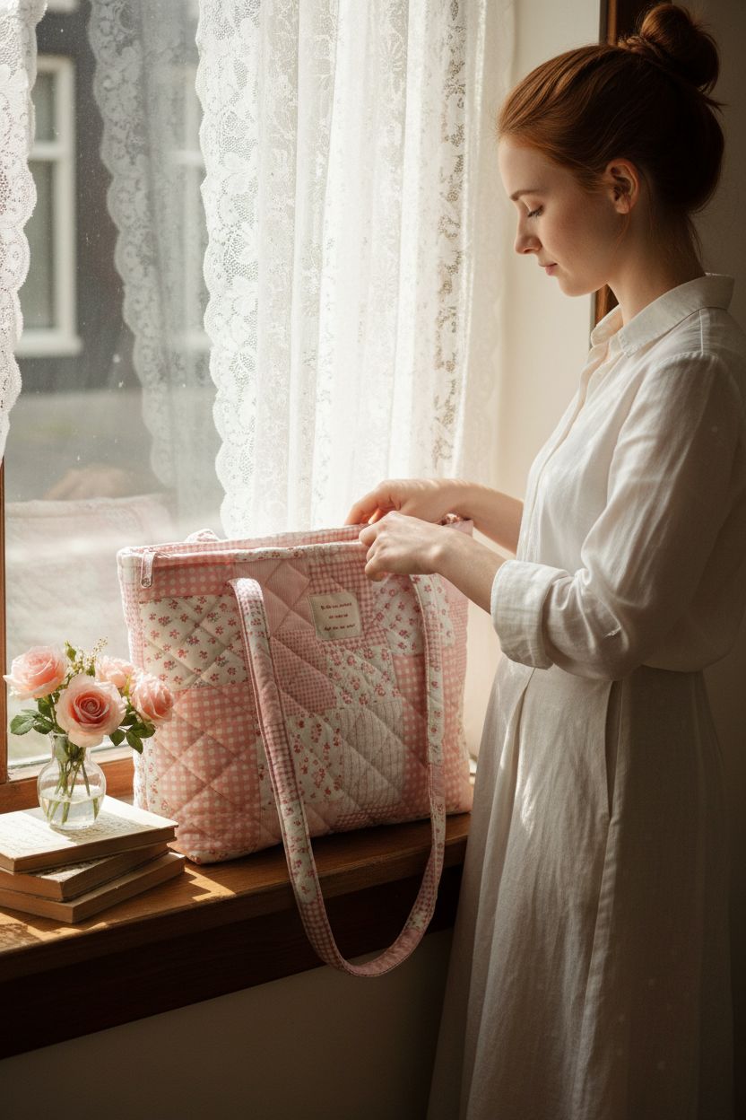 Cozy setting with Modacarry floral quilted tote on a windowsill with roses