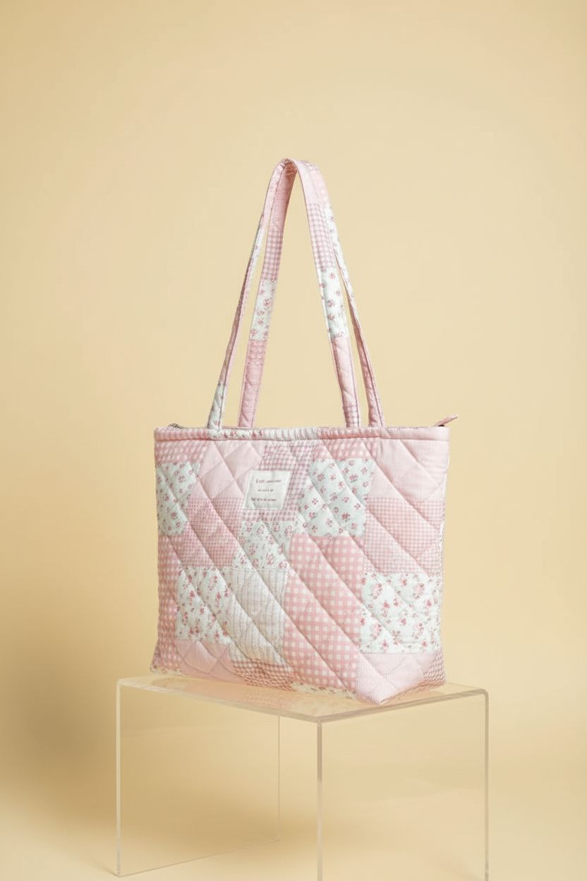Modacarry pink patchwork tote bag showcasing quilting and craftsmanship on display