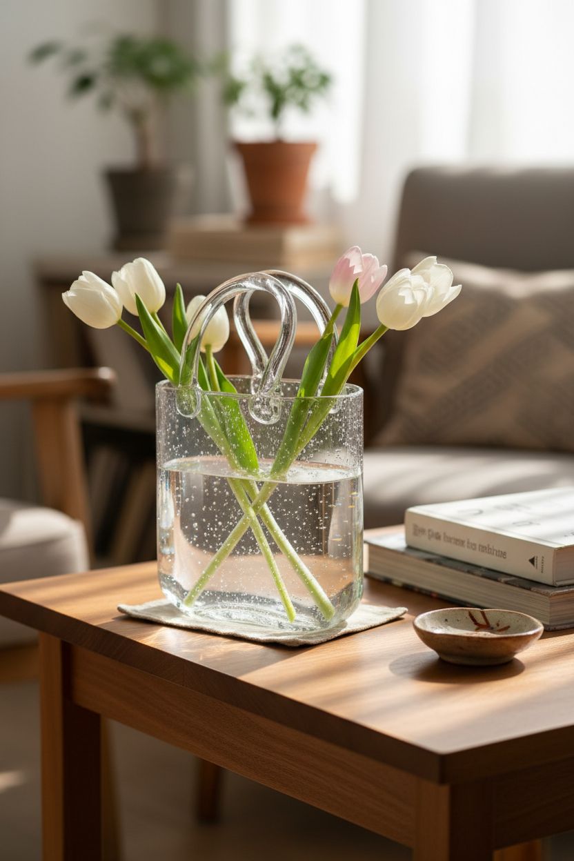 Noamus glass purse vase on cozy table, adding charm to a reading nook ambiance