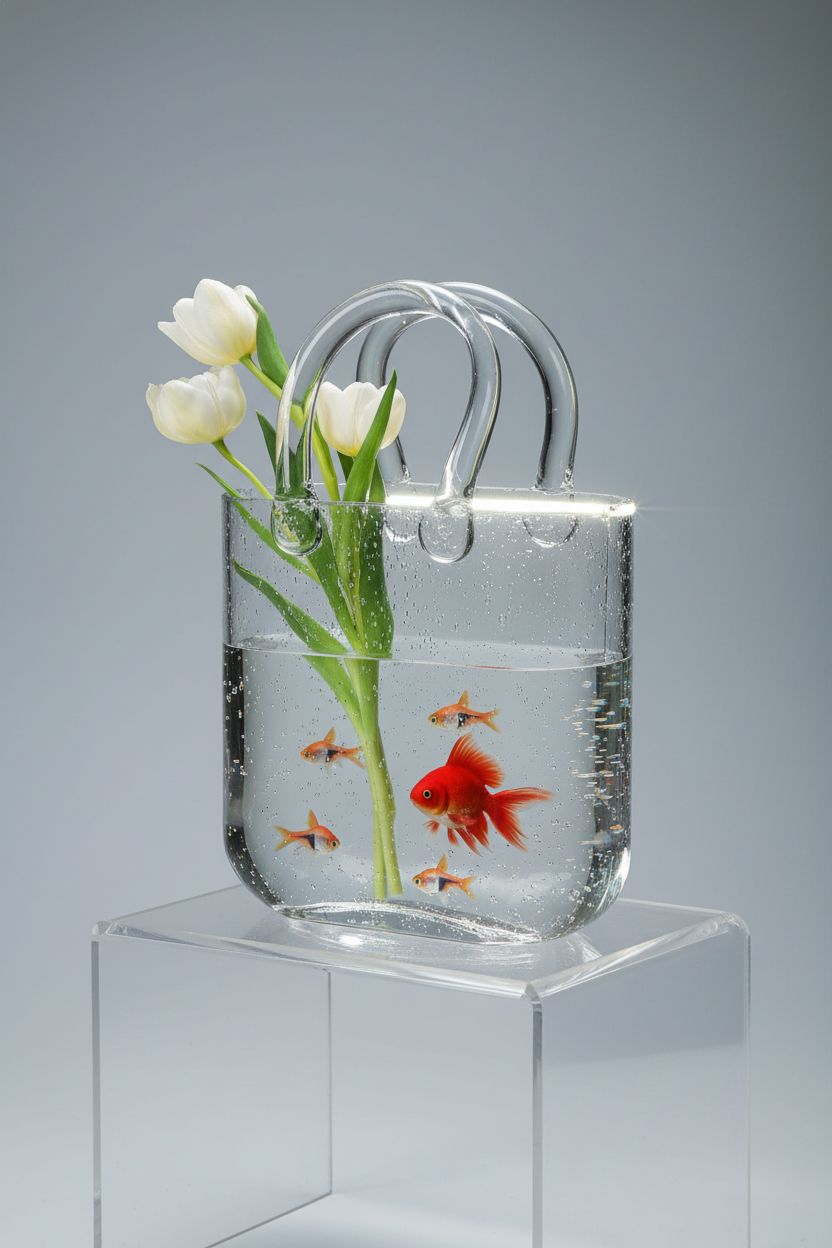 Noamus glass purse vase showcased on a gray background, highlighting its crystal clarity