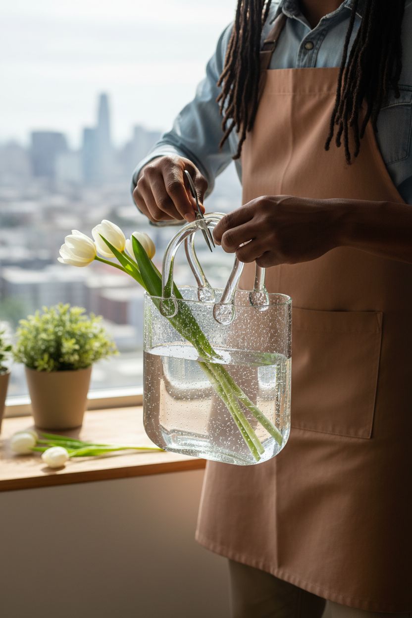 Noamus glass purse vase held by florist in bright setting, perfect for flower arrangement