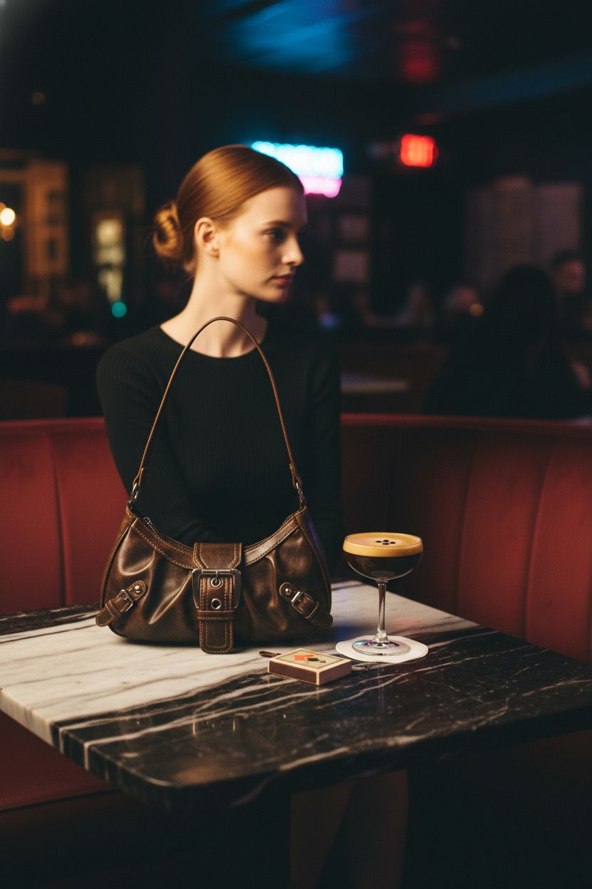 Cozy setting with Verdusa crescent purse beside an espresso martini in a Nashville lounge.