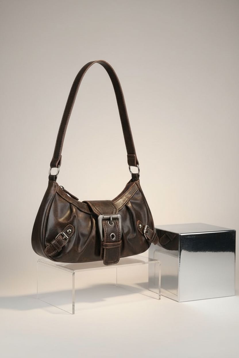 Detailed view of Verdusa brown faux leather handbag highlighting buckle and stitching.